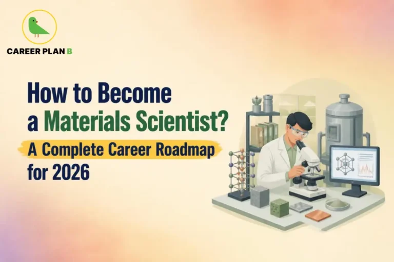 Career Plan B graphic showing how to become a materials scientist, featuring laboratory equipment, microscopy, and material samples.