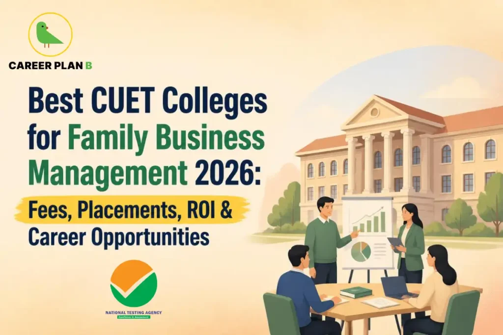 Illustration of college campus, students reviewing charts, with Career Plan B logo and CUET colleges headline.