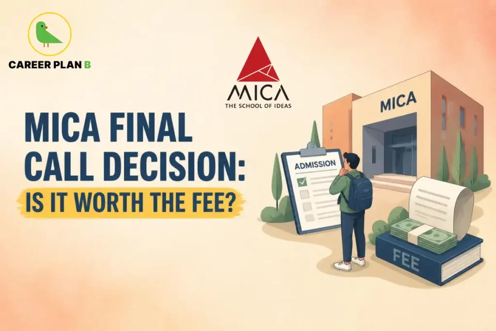Student beside MICA campus and admission checklist with fee illustration, featuring Career Plan B and MICA logos.