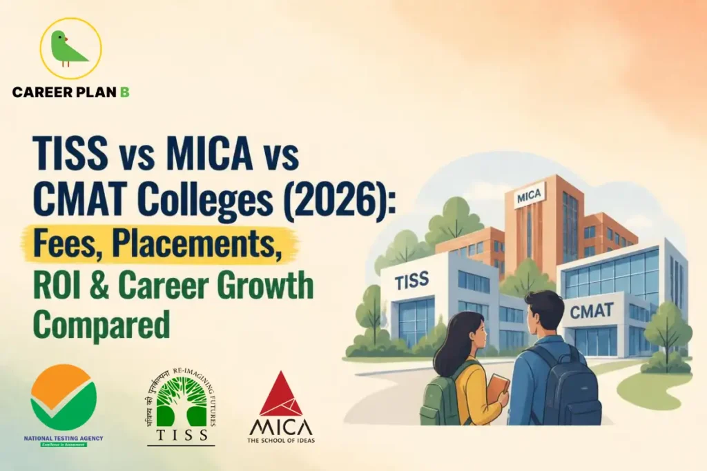 Illustration of TISS, MICA, and CMAT campuses with students, featuring Career Plan B, TISS, MICA, and NTA logos.