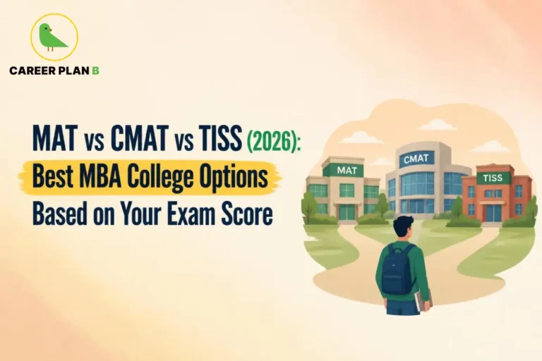Illustration of MAT, CMAT, and TISS campuses with student, featuring Career Plan B logo and MBA colleges comparison.