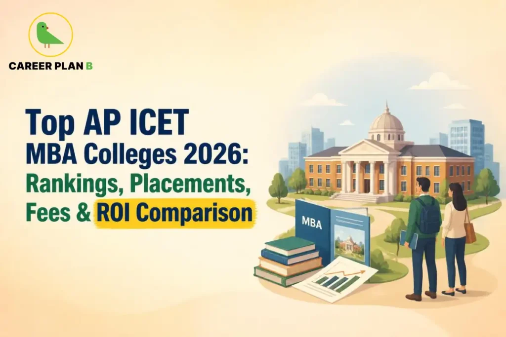 Illustration of MBA college, books, and students, featuring Career Plan B logo and AP ICET MBA colleges comparison.