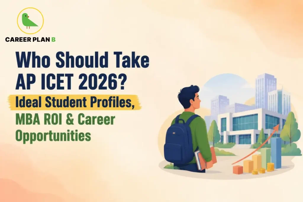 Illustration of student, MBA campus, and ROI chart, featuring Career Plan B logo and AP ICET 2026.