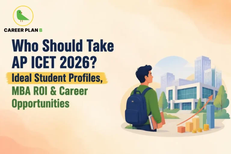 Illustration of student, MBA campus, and ROI chart, featuring Career Plan B logo and AP ICET 2026.