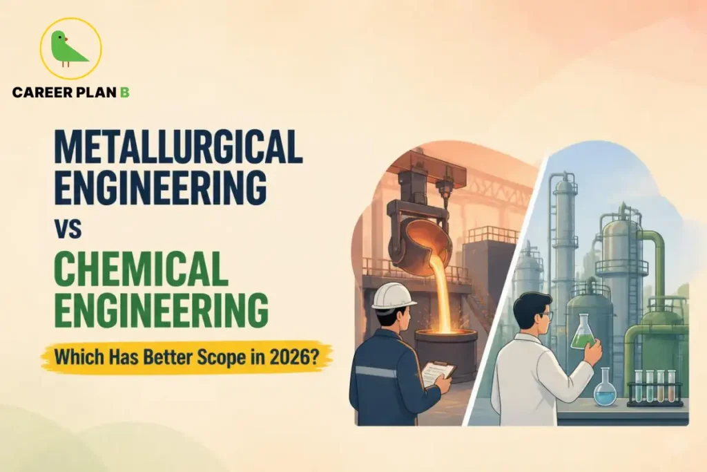 Illustration comparing Metallurgical Engineering vs Chemical Engineering with metal production and chemical processing facilities.