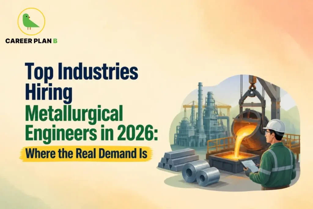 Illustration of industries hiring metallurgical engineers with a steel plant, molten metal casting, and an engineer inspecting production.