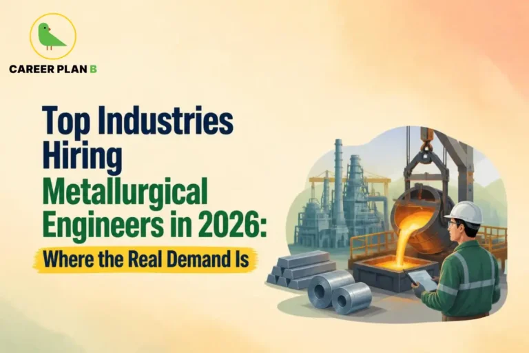 Illustration of industries hiring metallurgical engineers with a steel plant, molten metal casting, and an engineer inspecting production.