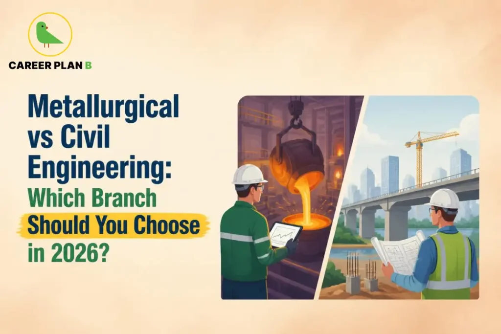 Illustration comparing Metallurgical vs Civil Engineering with metal production and bridge construction sites.