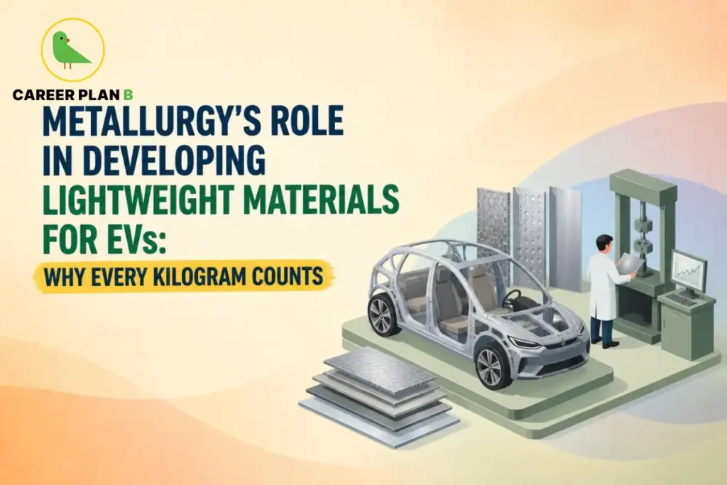 Illustration of developing lightweight materials for EVs with an electric vehicle frame, metal testing, and advanced materials research.