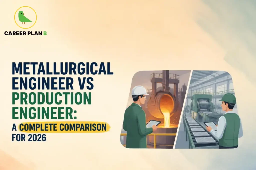 Illustration comparing Metallurgical Engineer vs Production Engineer with metal casting and manufacturing production line operations.