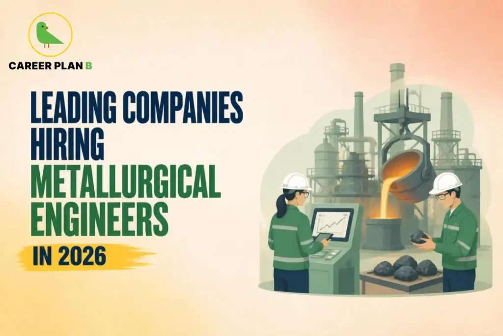 Illustration of leading companies hiring metallurgical engineers, featuring engineers monitoring metal casting and industrial production.