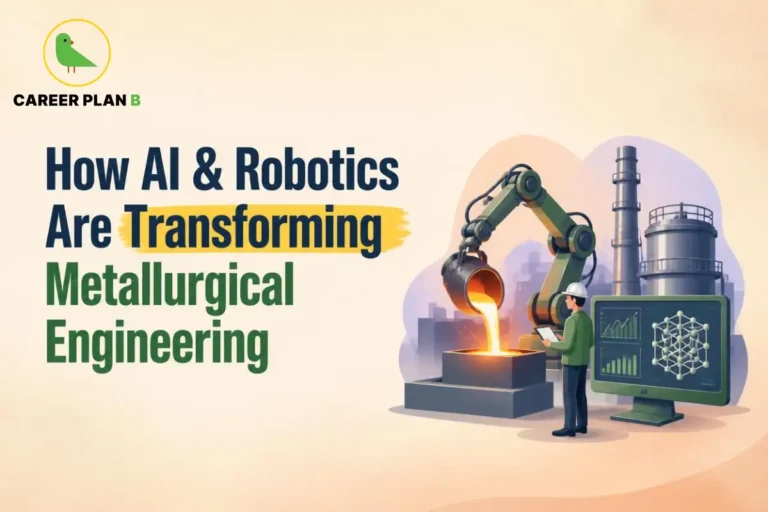 Illustration of AI and robotics transforming metallurgical engineering with automated metal casting, industrial monitoring, and data analytics.