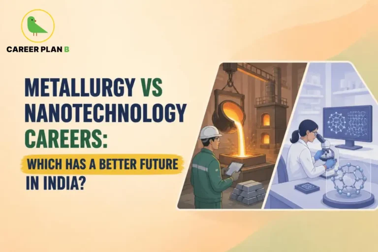 Illustration comparing metallurgy vs nanotechnology careers with metal casting, industrial engineering, and nanotechnology laboratory research.