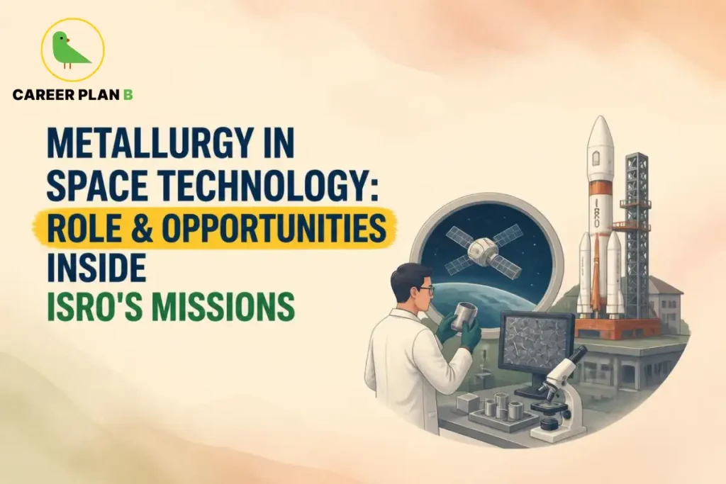Illustration of metallurgy in space technology featuring materials testing, satellite components, and a rocket launch for ISRO missions.