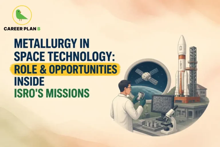Illustration of metallurgy in space technology featuring materials testing, satellite components, and a rocket launch for ISRO missions.
