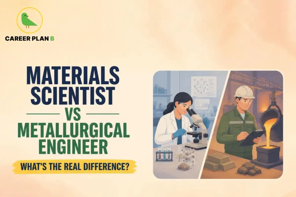 Illustration comparing a materials scientist vs metallurgical engineer through laboratory research and industrial metal casting operations.