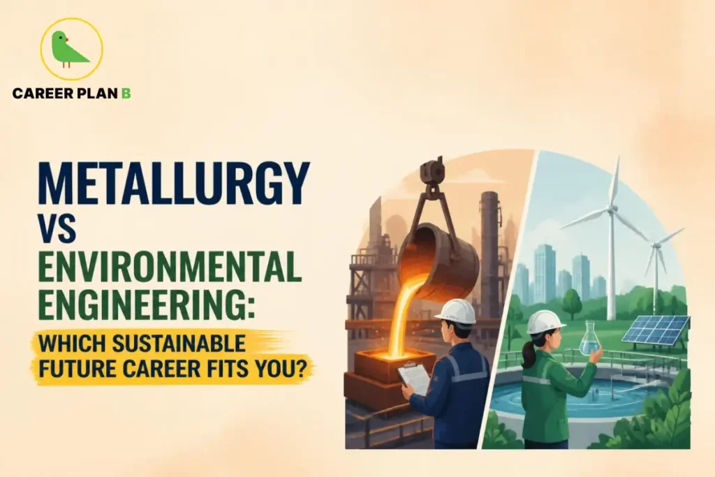 Illustration comparing metallurgy vs environmental engineering with metal production, renewable energy, and environmental monitoring.