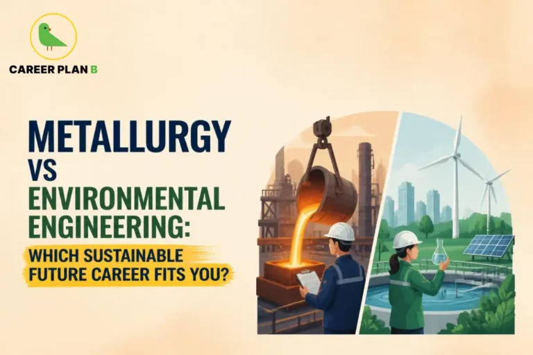 Illustration comparing metallurgy vs environmental engineering with metal production, renewable energy, and environmental monitoring.