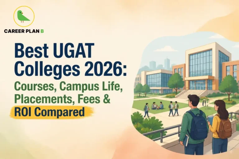 Career Plan B graphic showing best UGAT colleges 2026, campus life, courses, placements, fees, and ROI.