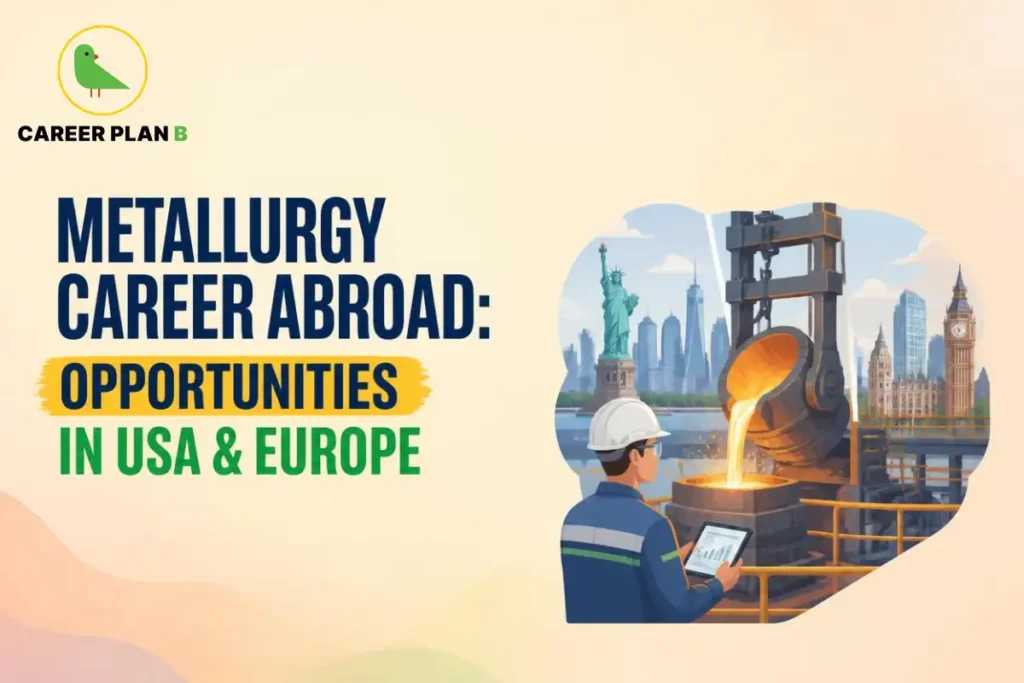 Illustration of a metallurgy career abroad featuring industrial metal casting and engineering opportunities in the USA and Europe.