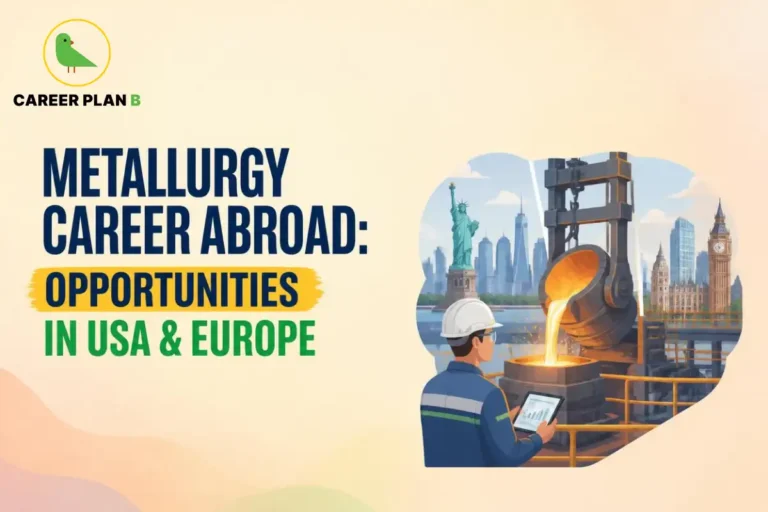 Illustration of a metallurgy career abroad featuring industrial metal casting and engineering opportunities in the USA and Europe.