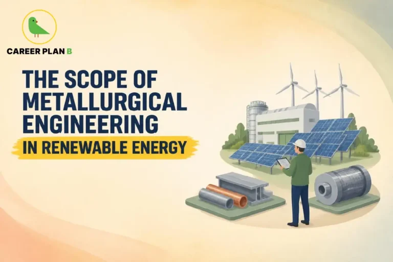 Illustration of metallurgical engineering in renewable energy with solar panels, wind turbines, and an engineer inspecting materials.