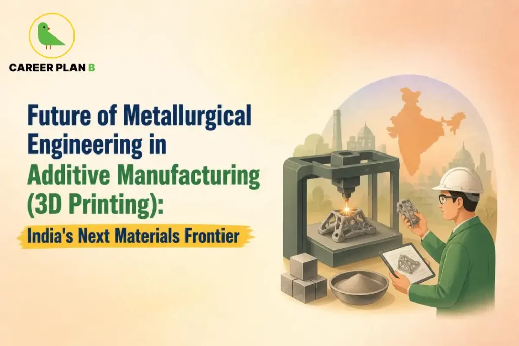 Illustration of metallurgical engineering in additive manufacturing featuring a 3D metal printer, printed component, and engineer inspecting the process.