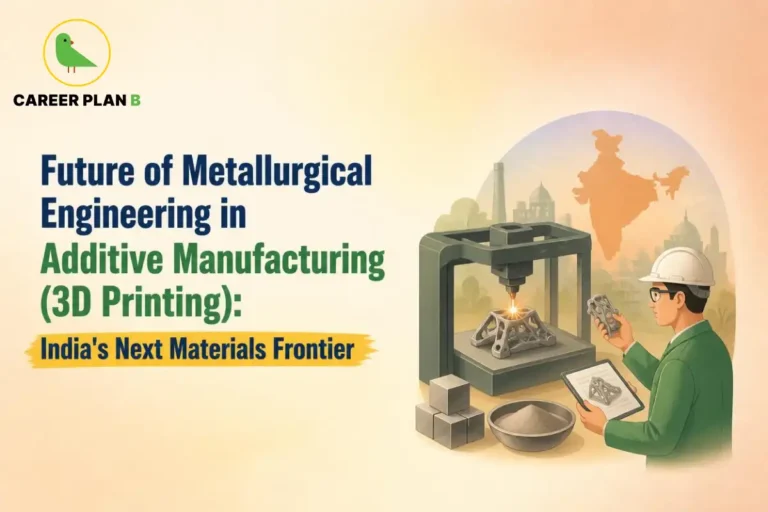 Illustration of metallurgical engineering in additive manufacturing featuring a 3D metal printer, printed component, and engineer inspecting the process.
