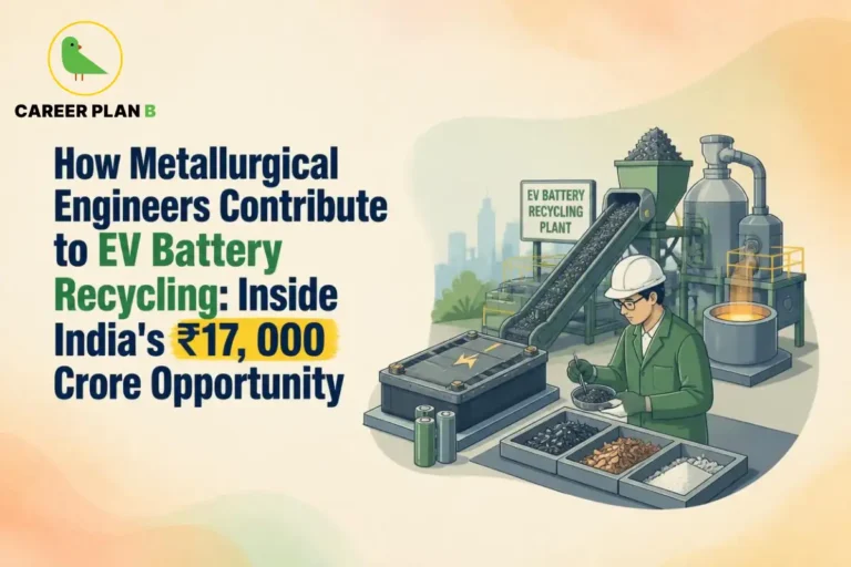Illustration of metallurgical engineers in EV battery recycling with a battery recycling plant, material recovery process, and engineer at work.