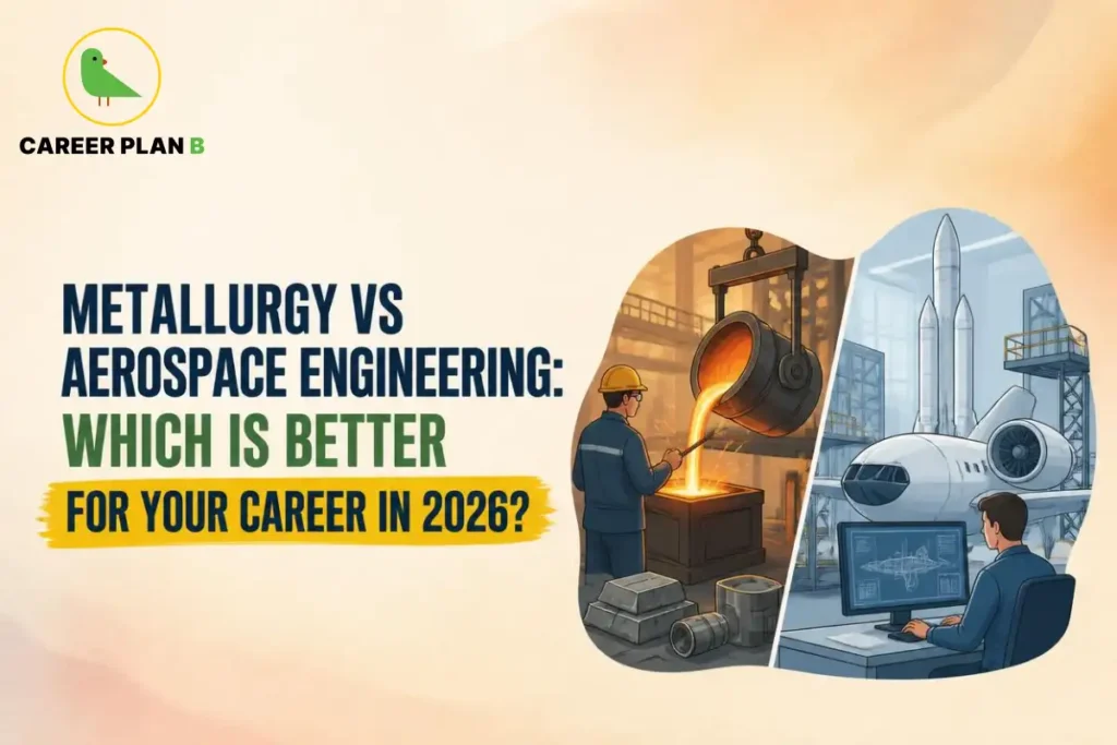 Illustration comparing Metallurgy vs Aerospace Engineering with metal casting, aircraft design, and aerospace manufacturing.