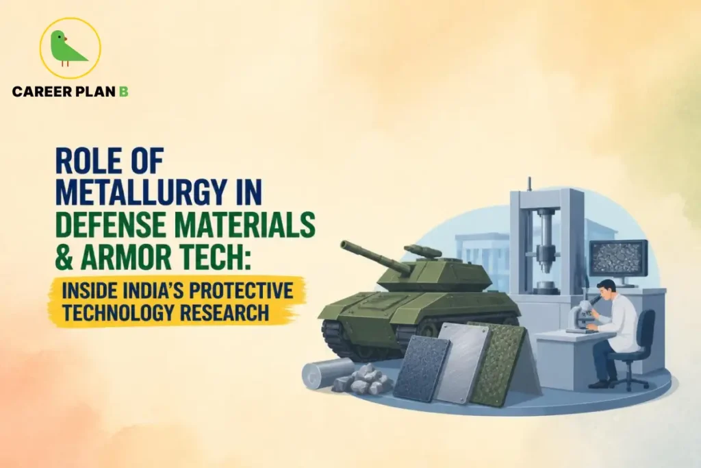 Illustration of metallurgy in defense materials and armor technology featuring armored vehicles, protective materials, and materials testing.