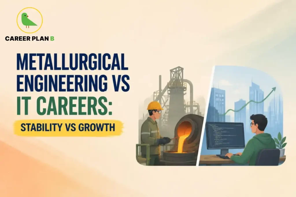 Illustration comparing Metallurgical Engineering vs IT careers with metal production and software development work environments.