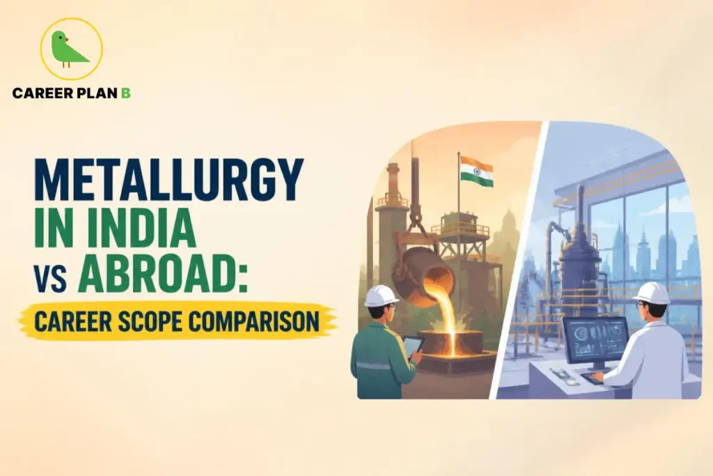 Illustration comparing metallurgy in India vs abroad with metal production facilities, industrial plants, and engineering workplaces.