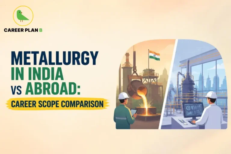 Illustration comparing metallurgy in India vs abroad with metal production facilities, industrial plants, and engineering workplaces.