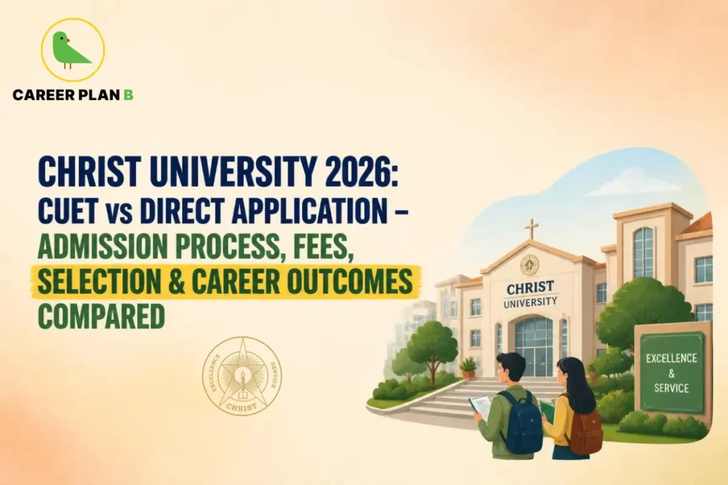 An informative comparison banner by Career Plan B titled "CHRIST UNIVERSITY 2026: CUET vs DIRECT APPLICATION – ADMISSION PROCESS, FEES, SELECTION & CAREER OUTCOMES COMPARED" featuring two students with backpacks standing in front of the Christ University main campus building and a sign board reading "Excellence & Service", complemented by the official Christ University seal at the bottom and the green bird Career Plan B logo in the top left corner.