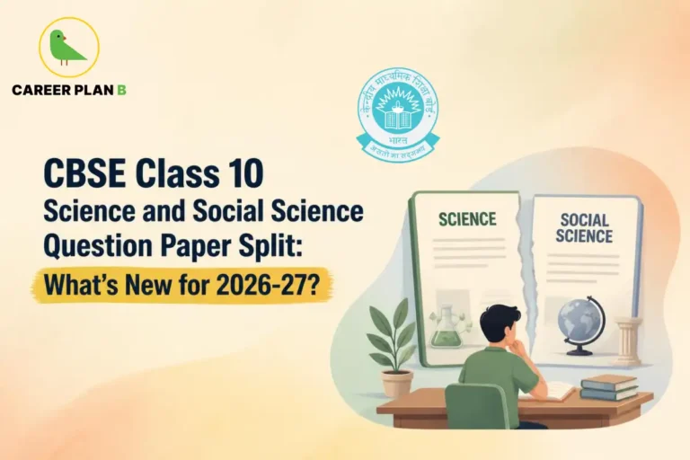 CBSE Class 10 Science and Social Science question paper split for 2026-27 with Career Plan B logo.