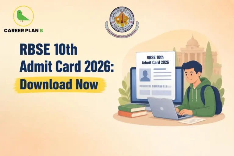 RBSE 10th Admit Card 2026 graphic showing a student downloading the admit card online, with Career Plan B logo.
