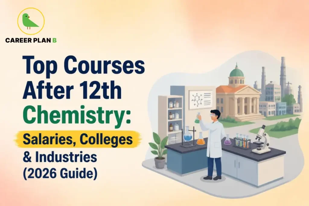 Top courses after 12th Chemistry, shown with a student in a chemistry laboratory.