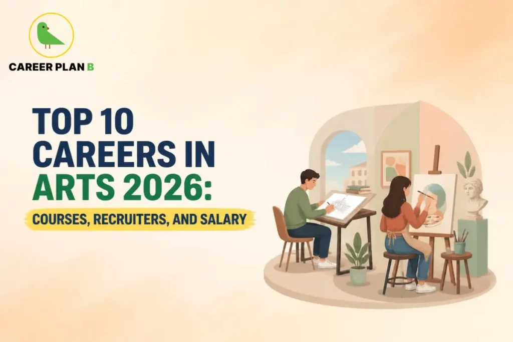 Top 10 careers in arts 2026, showing students exploring creative careers, courses, recruiters, and salary.