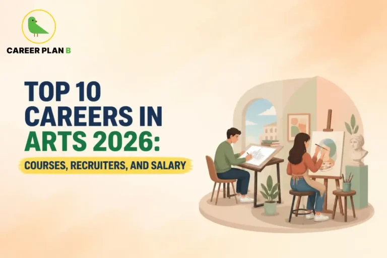 Top 10 careers in arts 2026, showing students exploring creative careers, courses, recruiters, and salary.