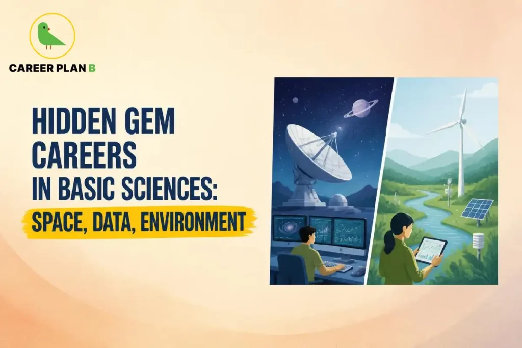 Hidden gem careers in basic sciences, showing space research, data analysis, and environmental science.
