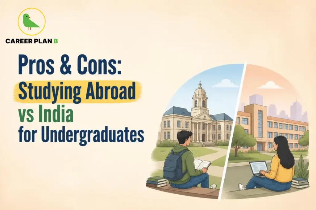 Studying abroad vs India for undergraduates, showing students comparing university study options.