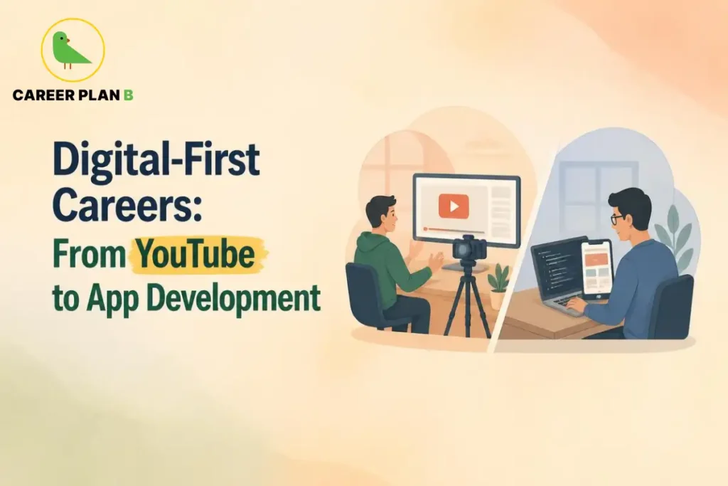 Digital-first careers, showing YouTube content creation and app development.