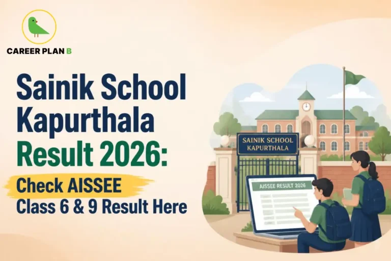Illustration of Sainik School Kapurthala Result 2026 with Career Plan B logo, students viewing AISSEE results outside campus.