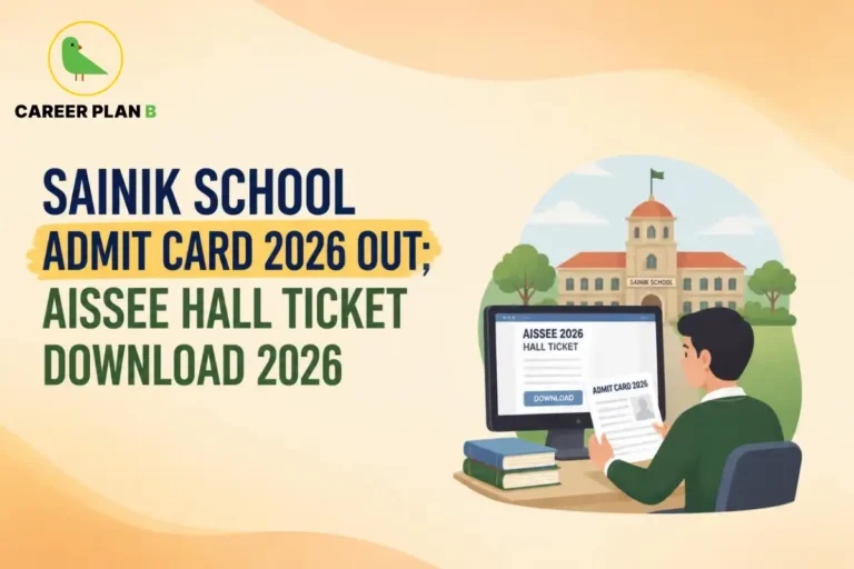 Illustration of Sainik School admit card 2026 download page with Career Plan B logo and AISSEE hall ticket.
