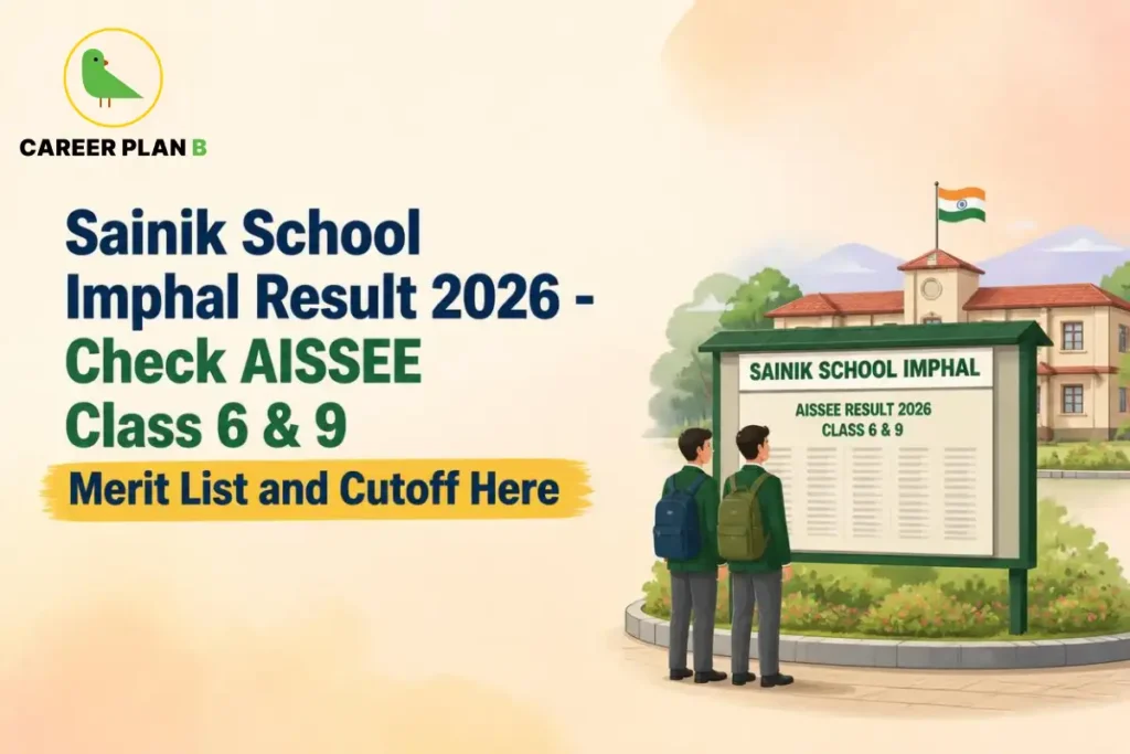 Two students view the Sainik School Imphal Result 2026 notice board with the Career Plan B logo visible.