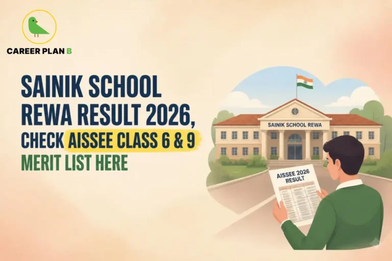 Student holding the AISSEE 2026 result outside Sainik School Rewa, with the Career Plan B logo visible.