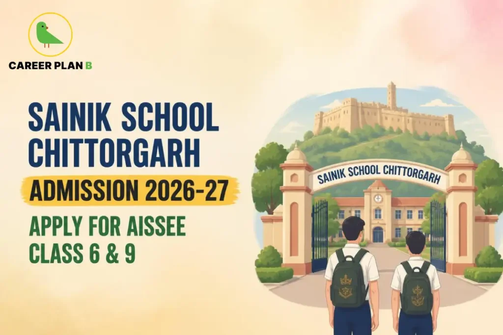 Two students stand outside Sainik School Chittorgarh campus, with the Career Plan B logo and AISSEE admission banner visible.