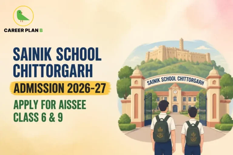 Two students stand outside Sainik School Chittorgarh campus, with the Career Plan B logo and AISSEE admission banner visible.