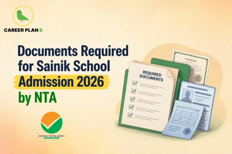 Checklist and documents for Sainik School admission 2026, with Career Plan B and National Testing Agency logos visible.